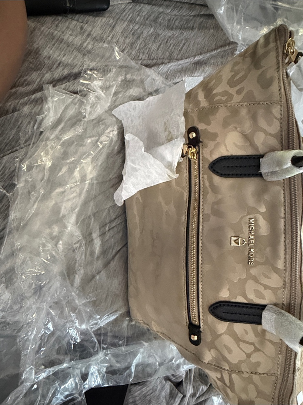 Michael Kors Taupe Leopard-Print Shoulder Bag with Gold Hardware
